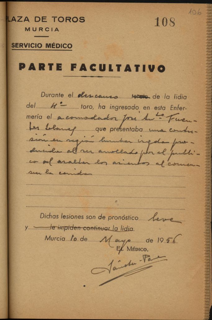 Parte médico de José Antonio Fuentes Blanes, acomodador.