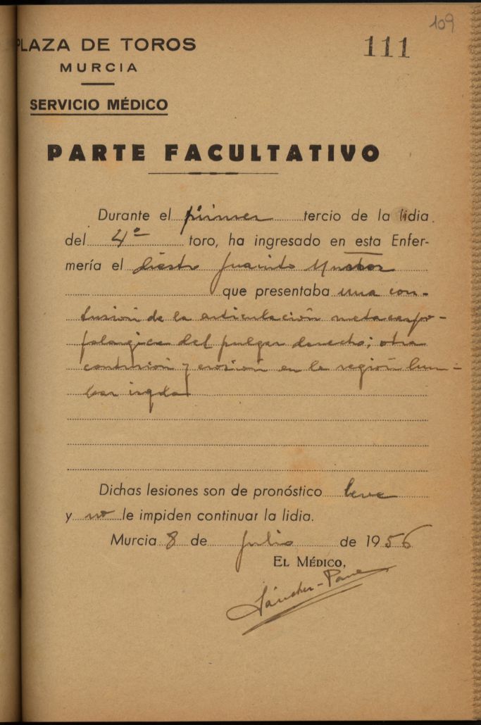 Parte médico de Juanito Muñoz, torero.