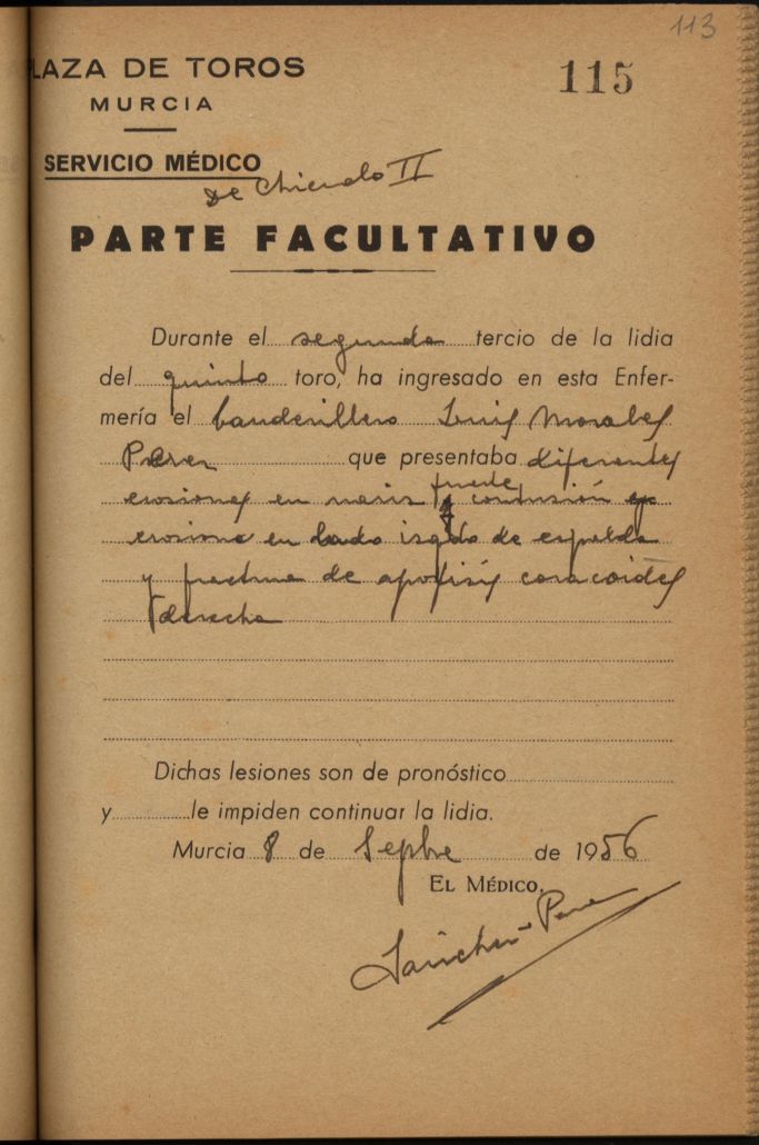 Parte médico de Luis Morales Pérez, banderillero.
