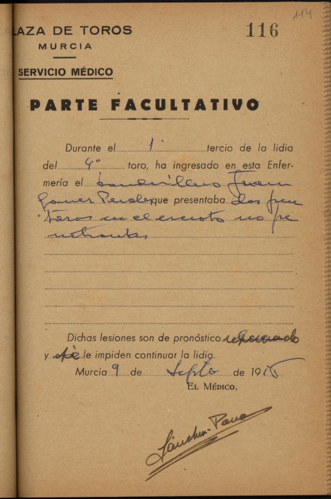 Parte médico de Juan Gómez Perales, banderillero.
