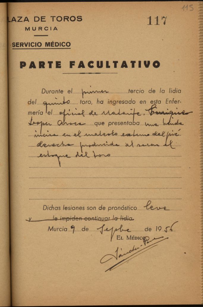 Parte médico de Enrique López Aroca, oficial de matarife.