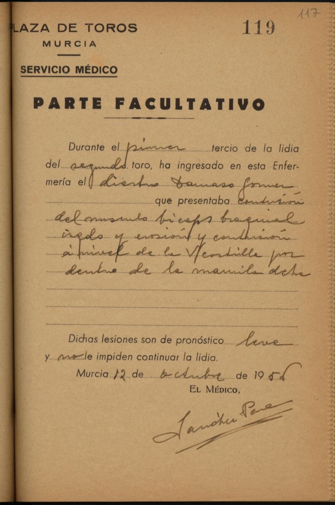 Parte médico de Dámaso Gómez, torero.