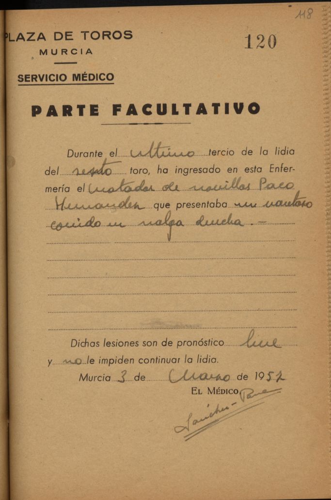 Parte médico de Paco Hernández, novillero.