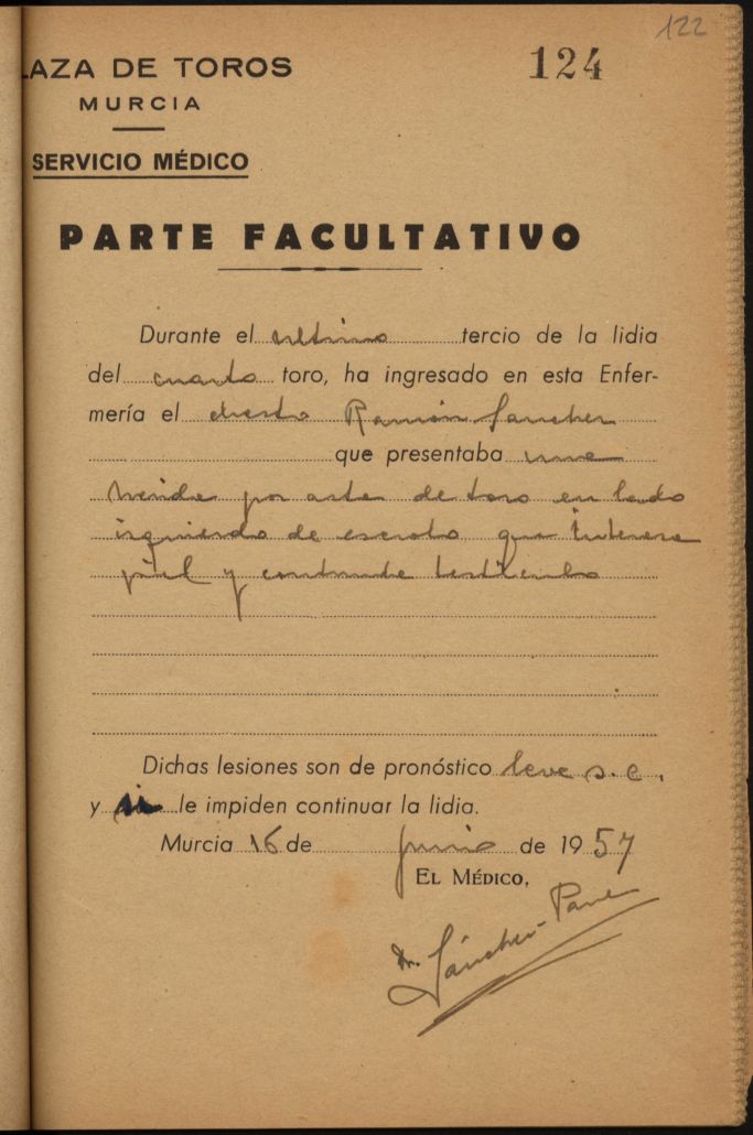 Parte médico de Ramón Sánchez, torero.