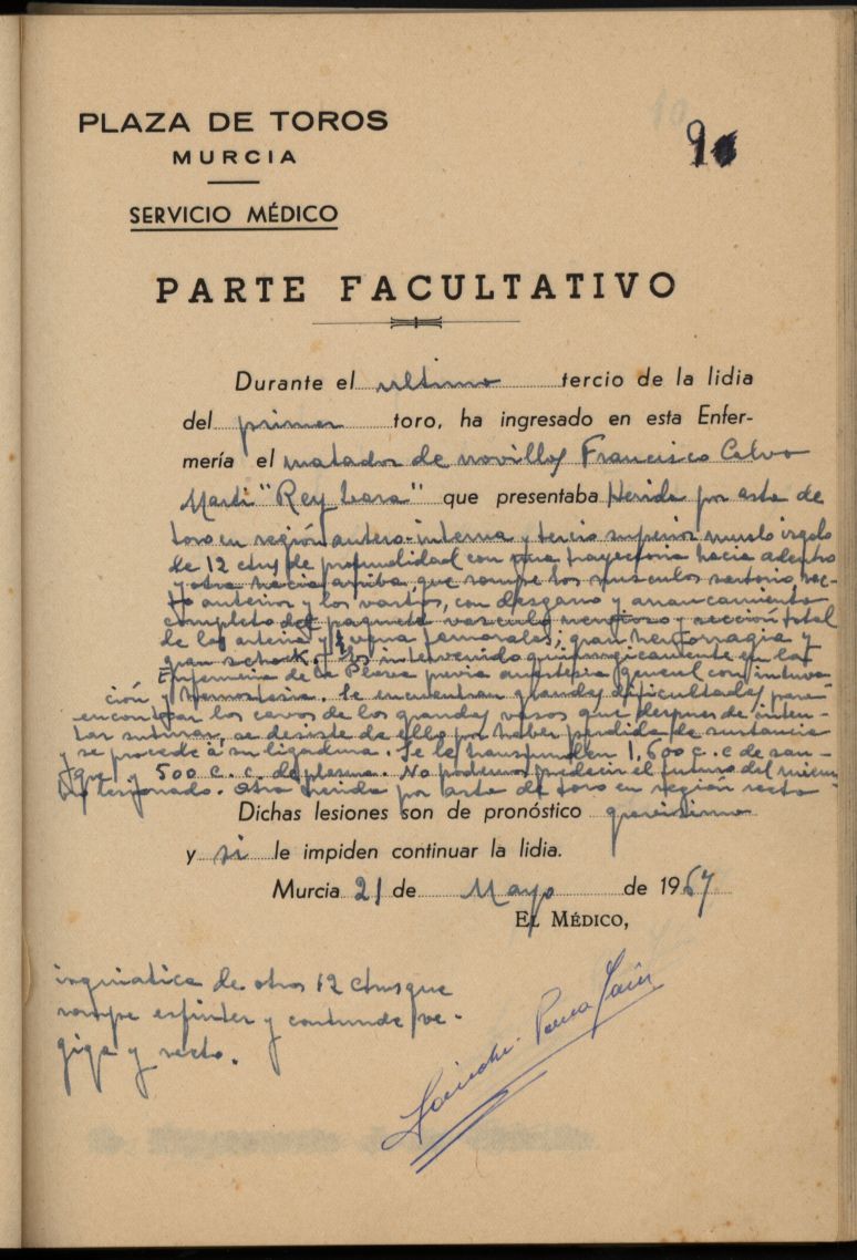 Cuadernos de partes medícos de la plaza de toros de Murcia (1966-1974)