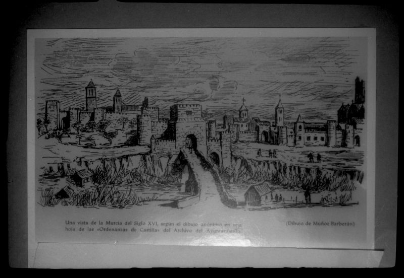 Murcia en el siglo XVI. Ordenanzas de Castilla. Archivo Municipal. Dibujo idealizado por Muñoz Barberán. 1 cliché Moltó.