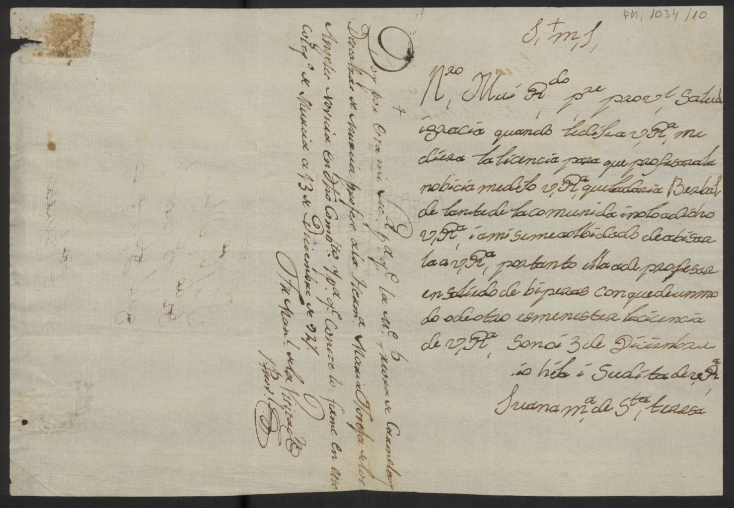 Licencia para profesar la hermana novicia María Josefa de los Ángeles, dada por fray Manuel de la Visitación, padre provincial.