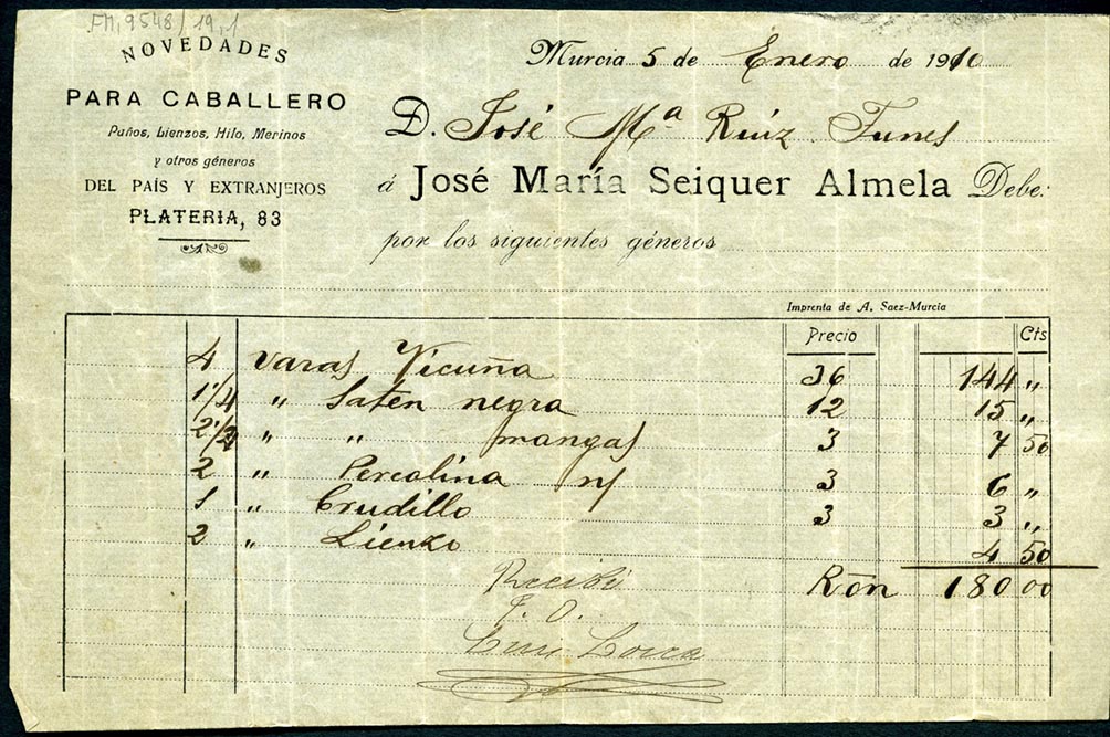 Facturas de José María Ruiz-Funes por la adquisición de artículos del establecimiento de José María Seiquer Almela.