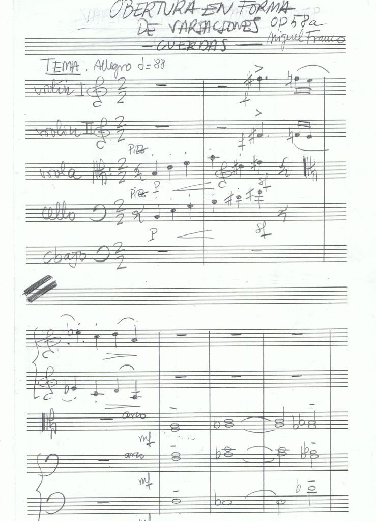 Obra musical 'Obertura en forma de variaciones, Op. 58a', de Miguel Franco.