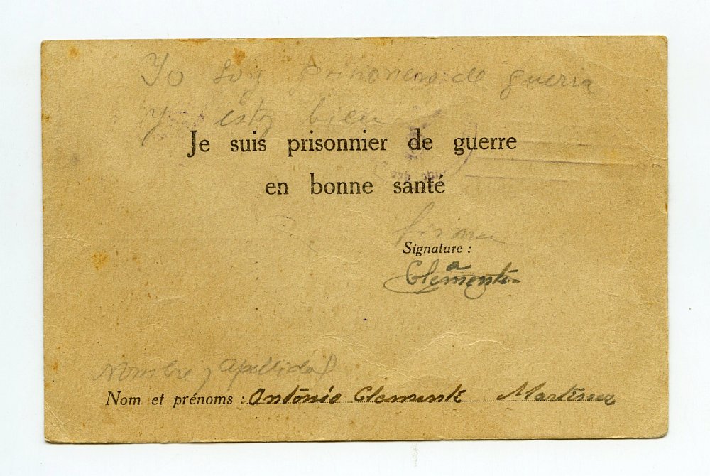 Tarjeta postal de Antonio Clemente remitida a su esposa Concepción Alacid, notificándole su situación de prisionero de guerra de Alemania