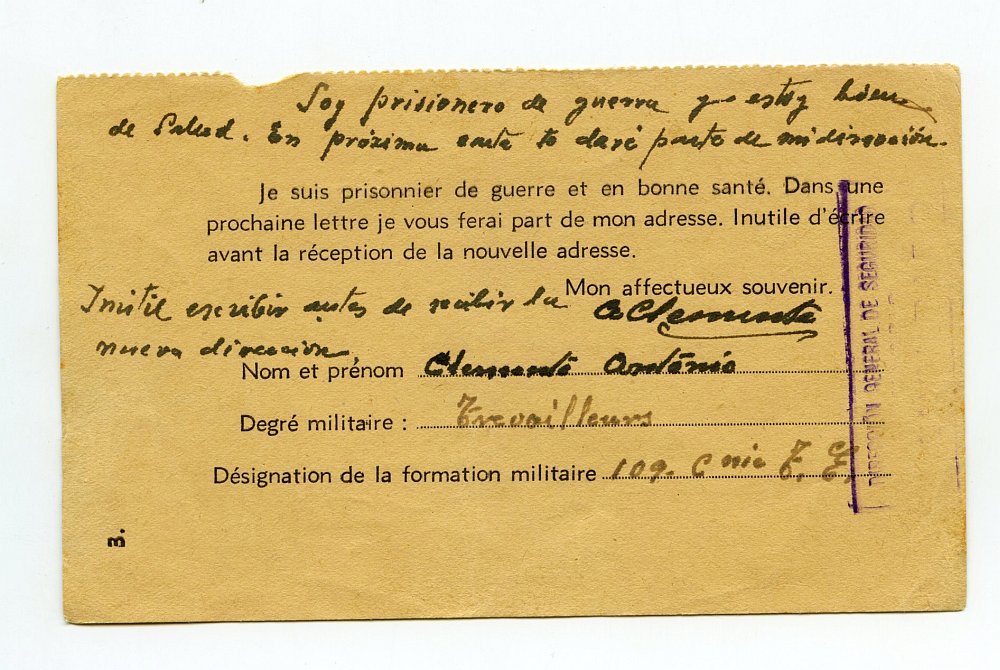 Tarjeta postal de Antonio Clemente remitida a su esposa Concepción Alacid, notificándole su situación de prisionero de guerra de Alemania en la 109 Compañia de Trabajadores Extranjeros
