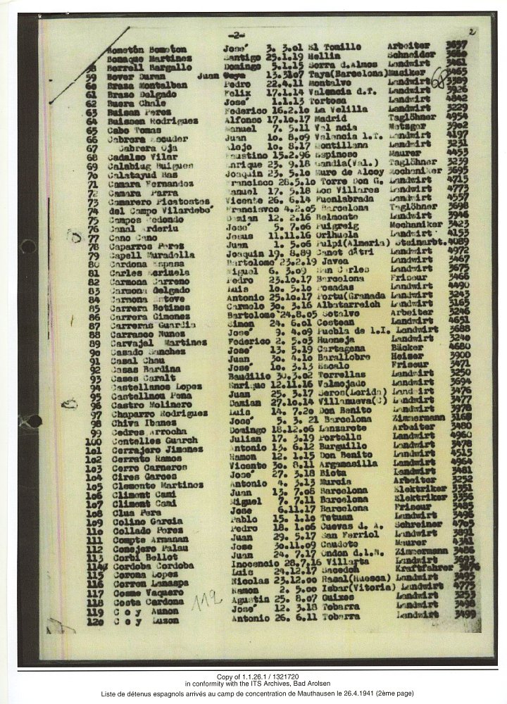 Reproducción parcial de una lista de detenidos españoles ingresados en el campo de concentración de Mauthausen (Austria) el 26 de abril de 1941