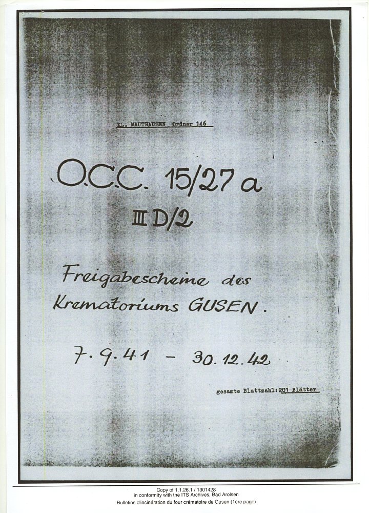 Reproducción parcial del Registro de cadáveres de prisioneros incinerados en el horno crematorio del comando de Gusen, campo de concentración de Mauthausen (Austria)
