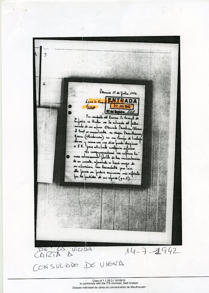 Reproducción de la carta remitida por Concepción Alacid al cónsul de España en Viena solicitando información sobre el fallecimiento de su marido en el campo de concentración de Mauthausen