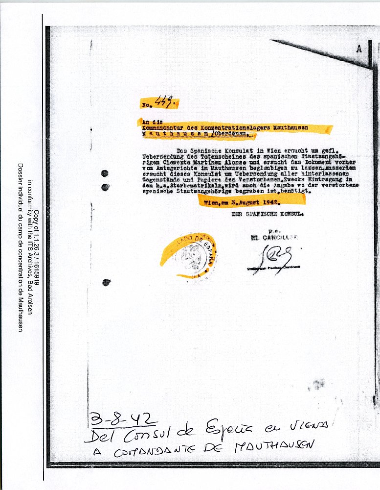 Reproducción de la carta remitida por el Cónsul de España en Viena a la Comandancia del campo de concentración de Mauthausen solicitando la documentación oficial del fallecimiento del ciudadano español Antonio Clemente Martínez