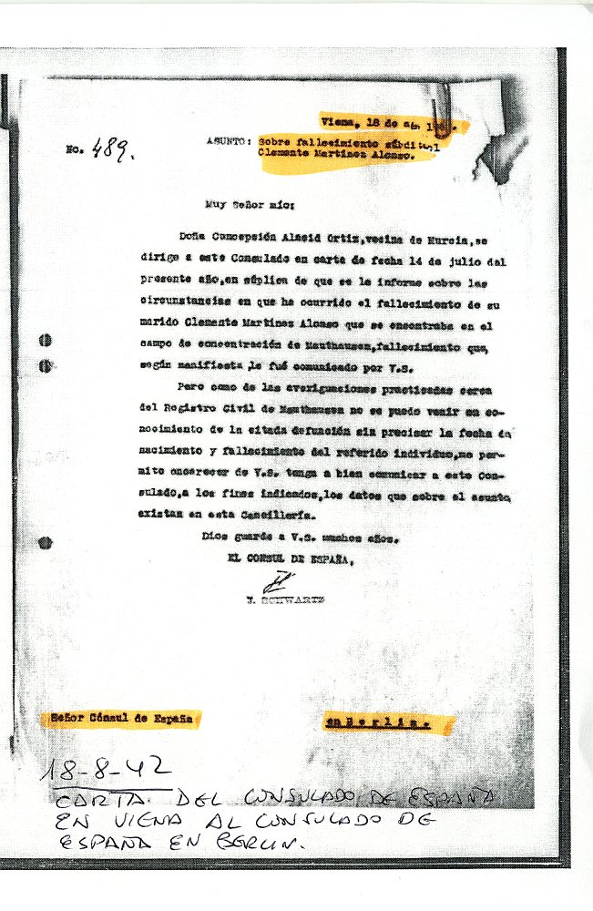 Reproducción de la carta remitida por el Cónsul de España en Viena a su colega en Berlín solitando información sobre las circunstancias del fallecimiento de Antonio Clemente Martínez en el campo de concentración de Mauthausen
