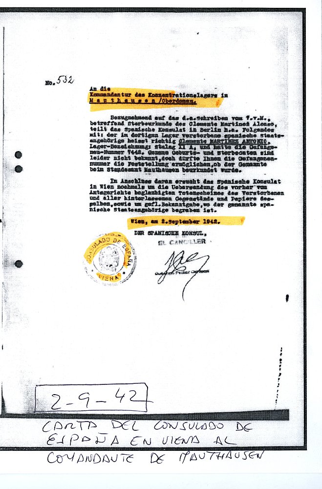 Reproducción de la carta remitida por el Cónsul de España en Viena a la Comandancia del campo de concentración de Mauthausen en relación con la petición de documentos oficiales sobre el fallecimiento de Antonio Clemente Martínez