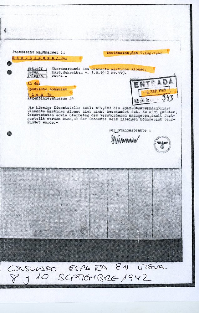 Reproducción de la carta remitida por la Oficina del Registro Civil de Mauthausen al Cónsul de España en Viena 