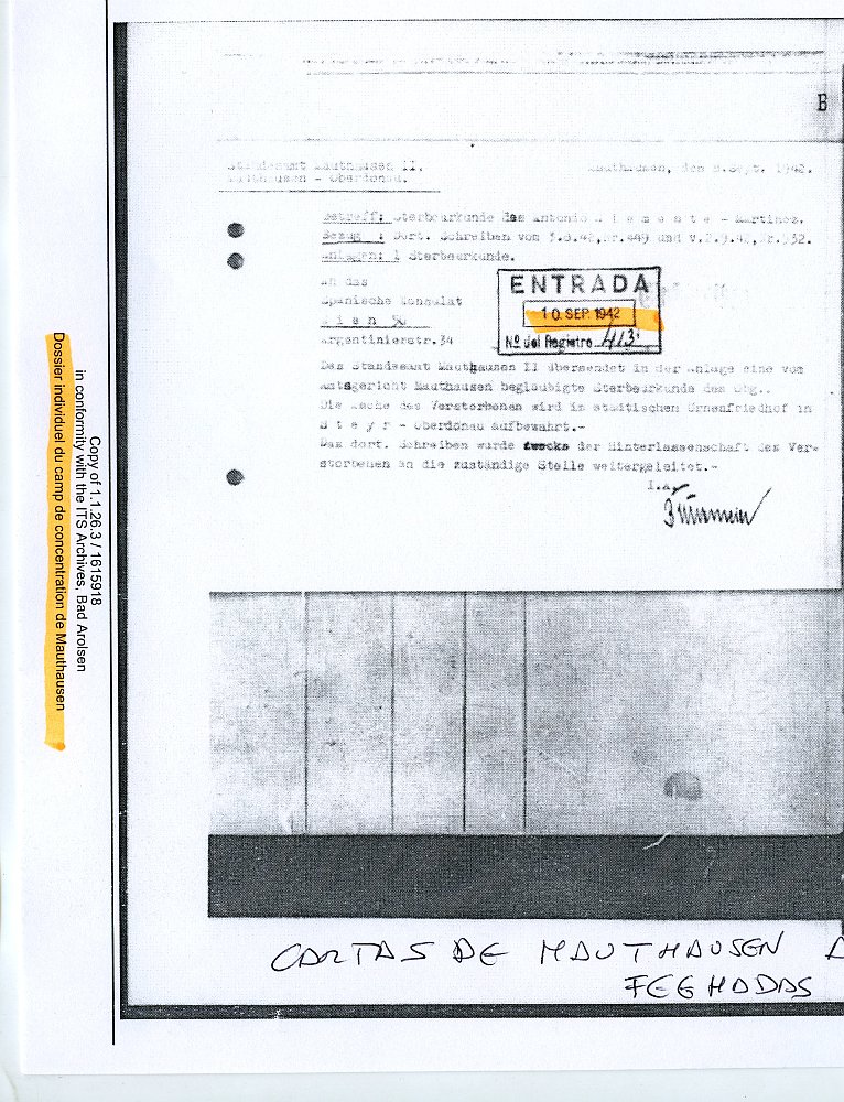 Reproducción de la carta remitida por la Oficina del Registro Civil de Mauthausen al Cónsul de España en Viena 