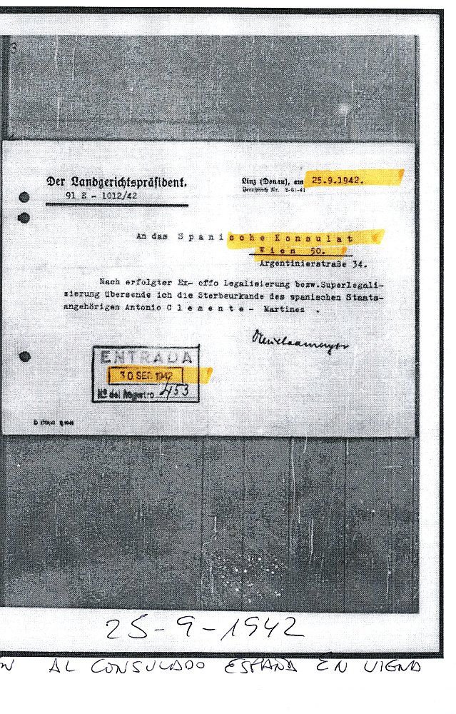 Reproducción de la carta remitida por el Juzgado Provincial de Linz al Cónsul de España en Viena