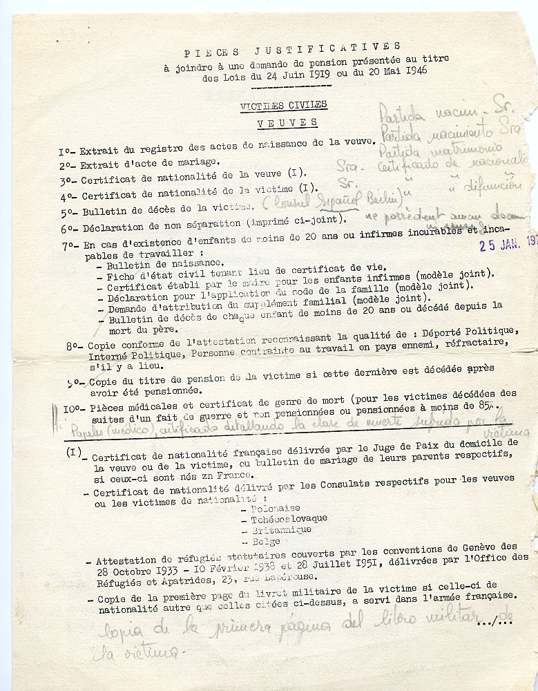 Impreso del gobierno francés que recoge la documentación a aportar para solicitar una pensión a las víctimas civiles de la guerra