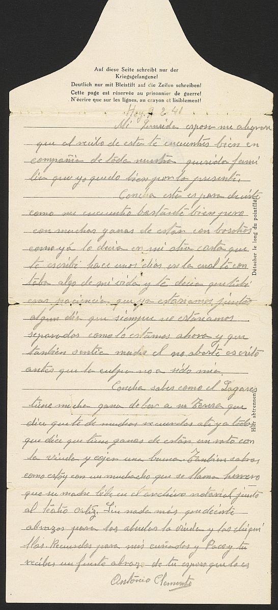 Carta de Antonio Clemente remitida a su esposa Concepción Alacid desde el stalag o campo de prisioneros de guerra IX A, de Altengrabow (Alemania)