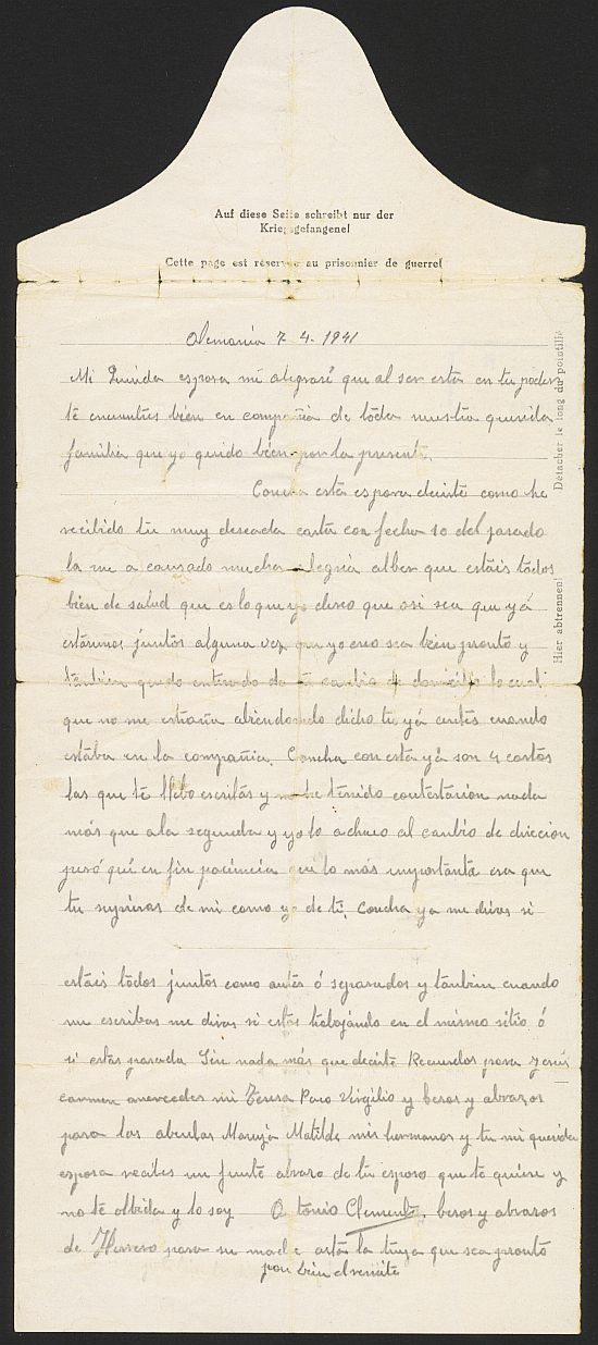 Carta de Antonio Clemente remitida a su esposa Concepción Alacid desde el stalag o campo de prisioneros de guerra IX A, de Altengrabow (Alemania)