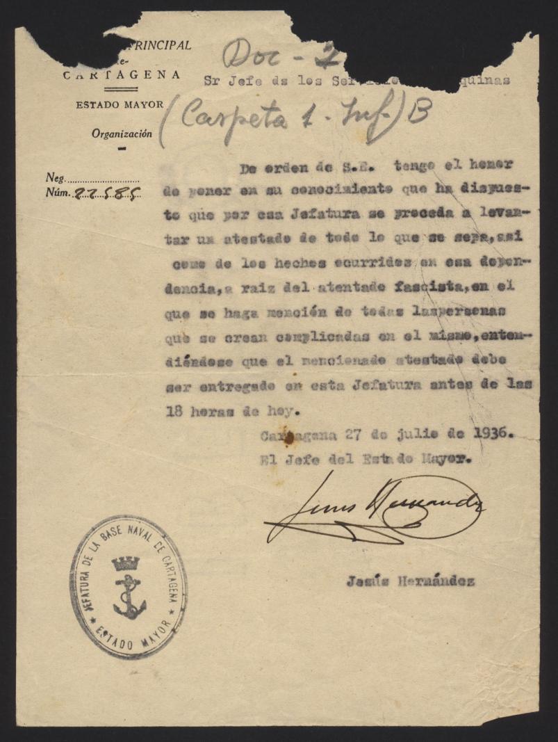 Oficios y circulares del Arsenal de Cartagena sobre movimiento de buques y reglas disciplinarias de la Marina de Guerra.