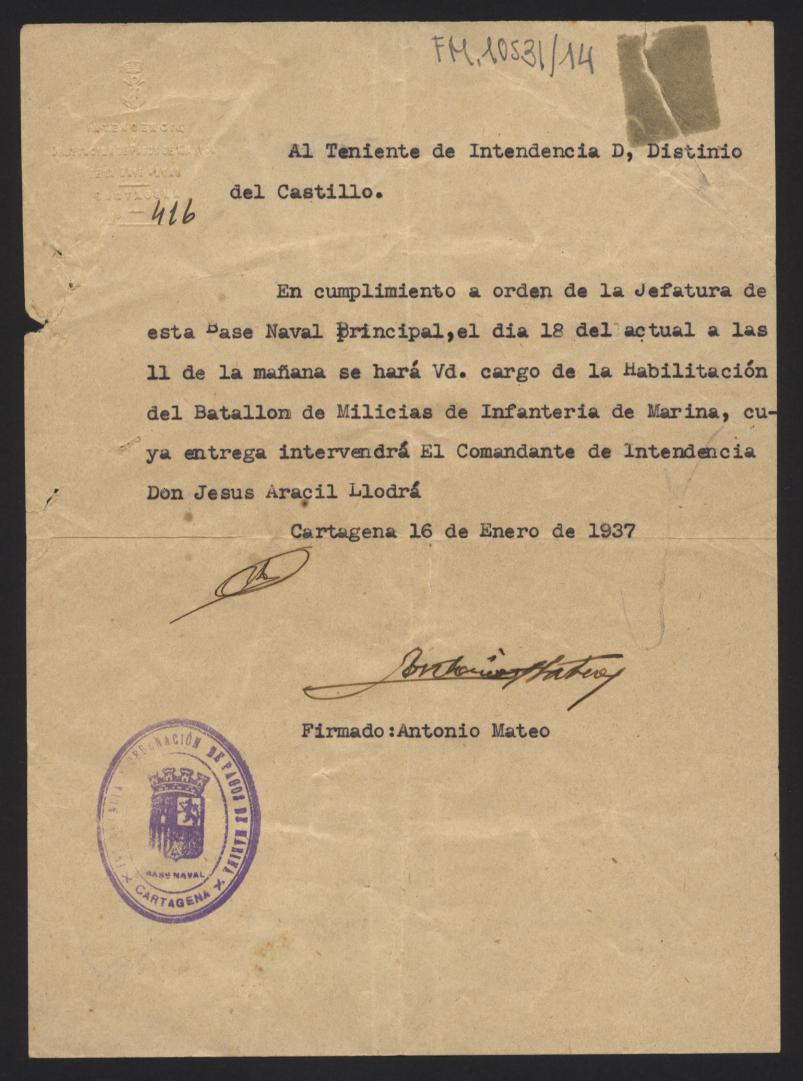 Oficio de la Intendencia de Marina de Cartagena designando a Dictinio de Castillo-Elejabeytia como Habilitado del Batallón de Milicias de Infantería de Marina.