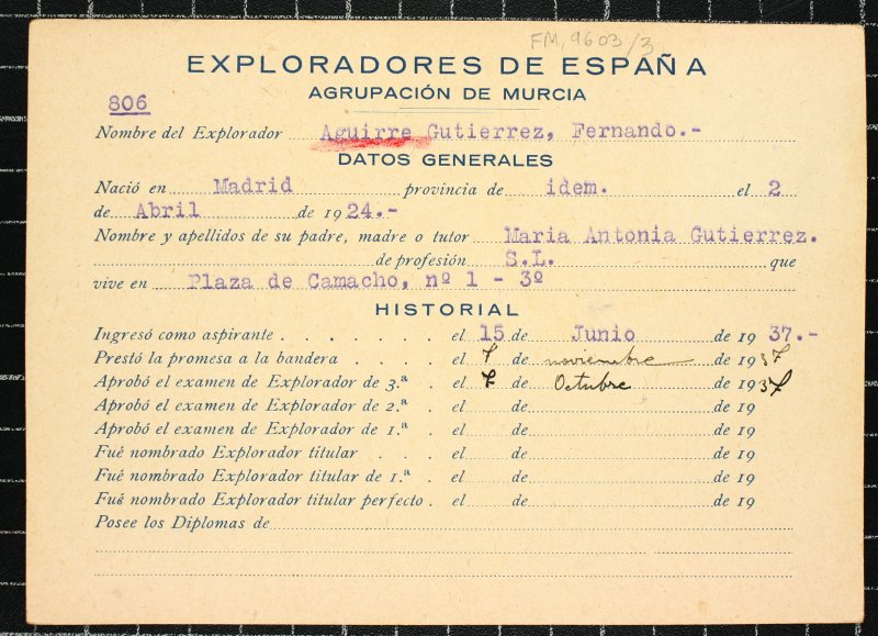Ficha personal del explorador Fernando Aguirre Gutiérrez