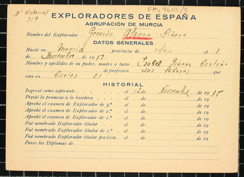 Ficha personal del explorador Gerardo Alarcón Piñero