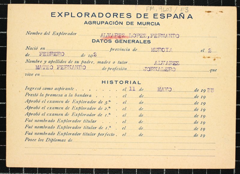 Ficha personal del explorador Fernando Álvarez López
