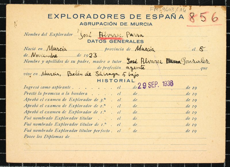 Ficha personal del explorador José Álvarez Parra