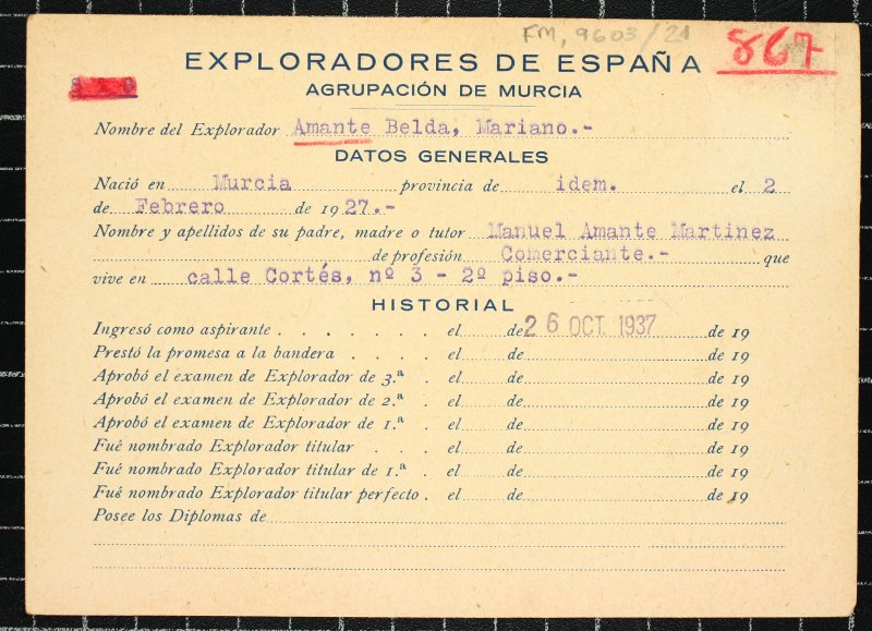 Ficha personal del explorador Mariano Amante Belda
