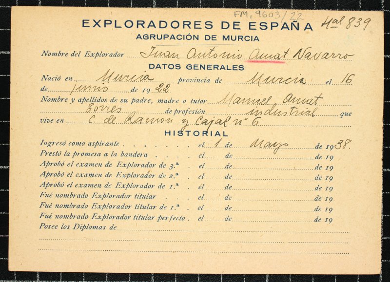 Ficha personal del explorador Juan Antonio Amat Navarro