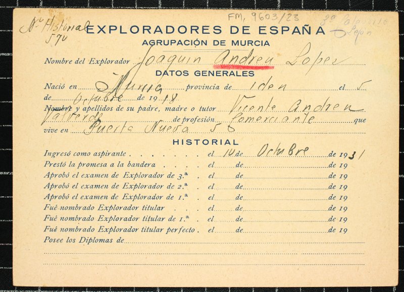 Ficha personal del explorador Joaquín Andreu López
