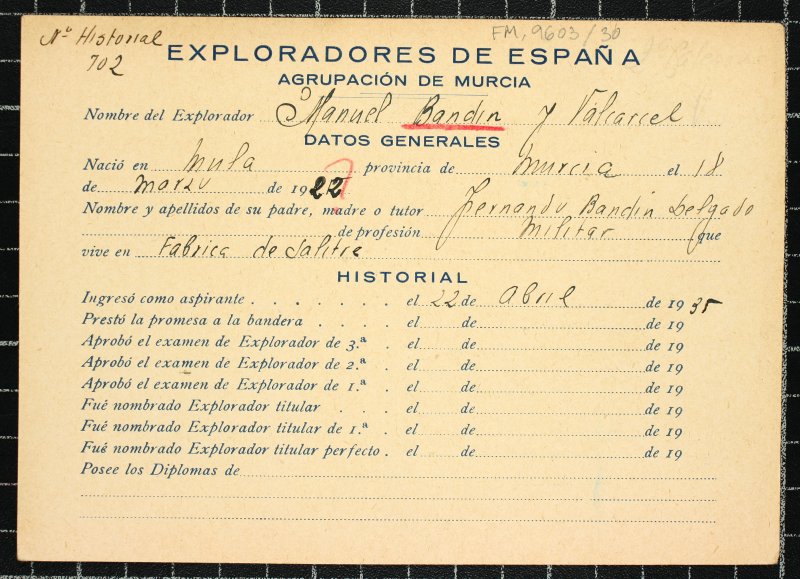 Ficha personal del explorador Manuel Bandín y Valcárcel