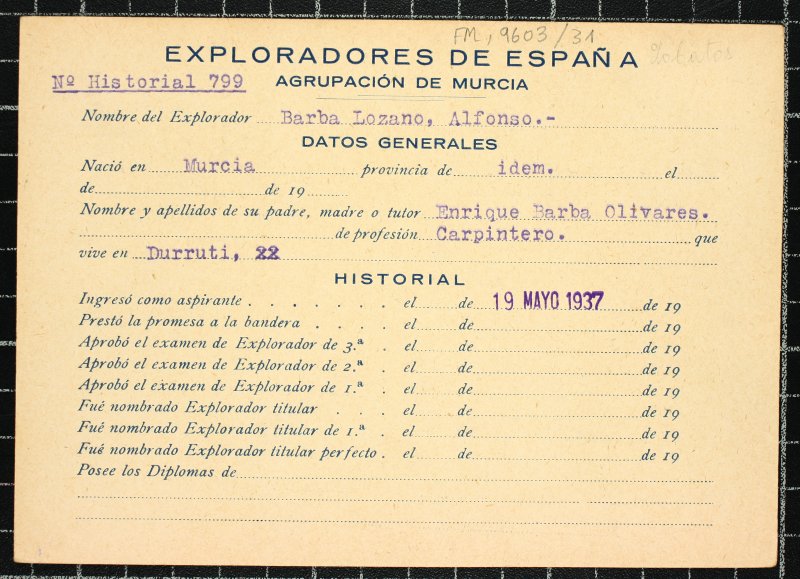 Ficha personal del explorador Alfonso Barba Lozano