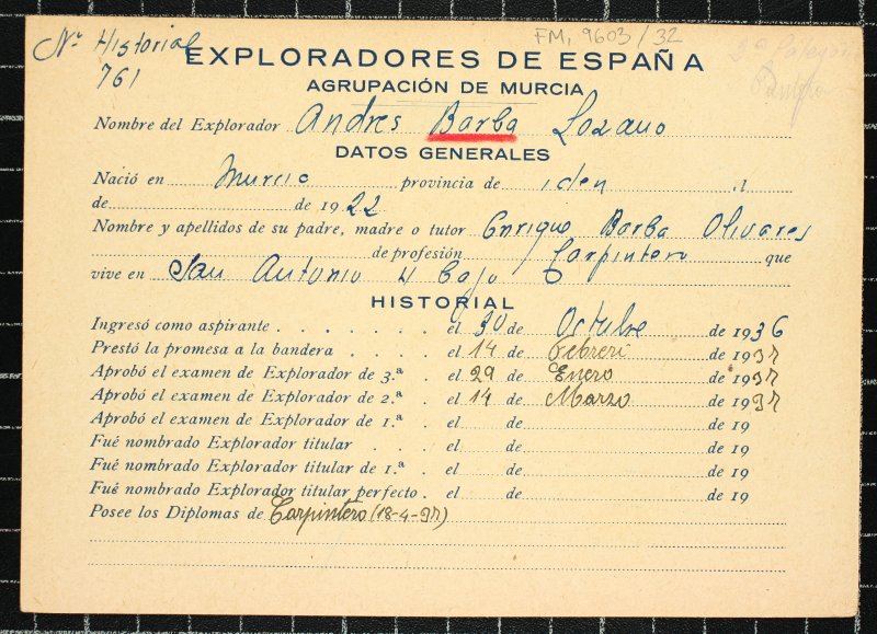 Ficha personal del explorador Andrés Barba Lozano