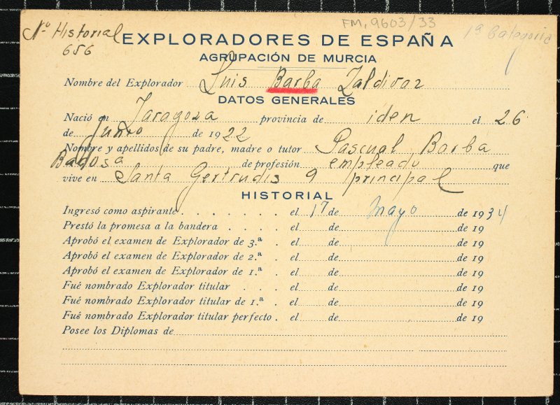 Ficha personal del explorador Luis Barba Zaldívar