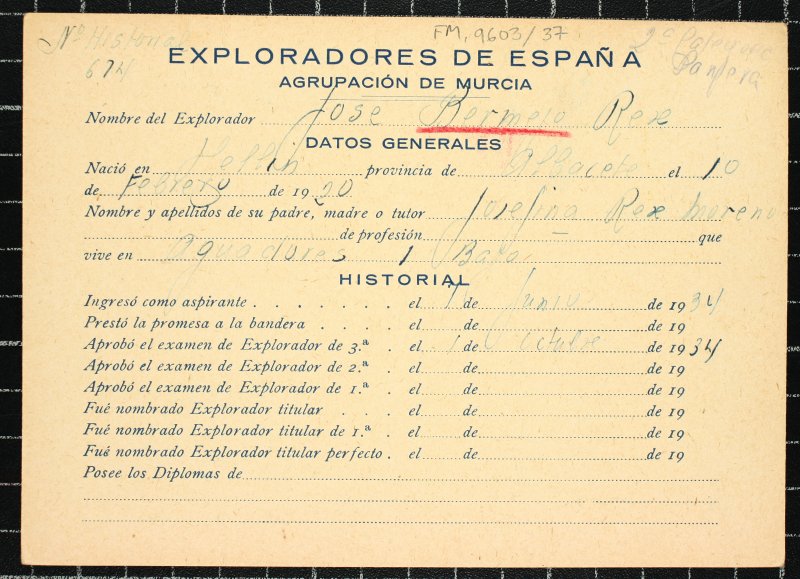 Ficha personal del explorador José Bermejo Rex