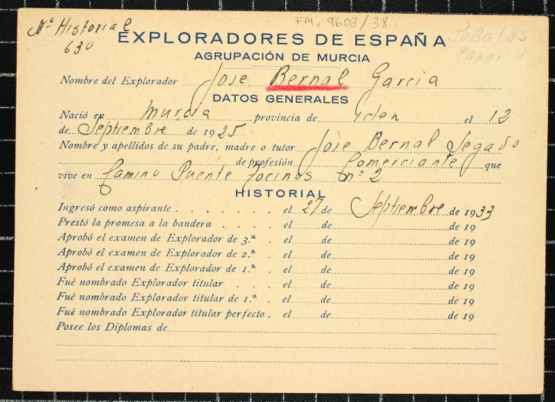 Ficha personal del explorador José Bernal García