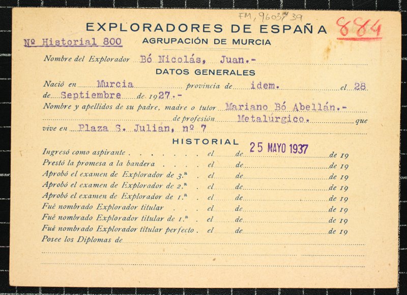 Ficha personal del explorador Juan Bo Nicolás