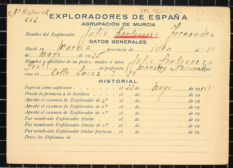 Ficha personal del explorador Julio Cambronero Fernández