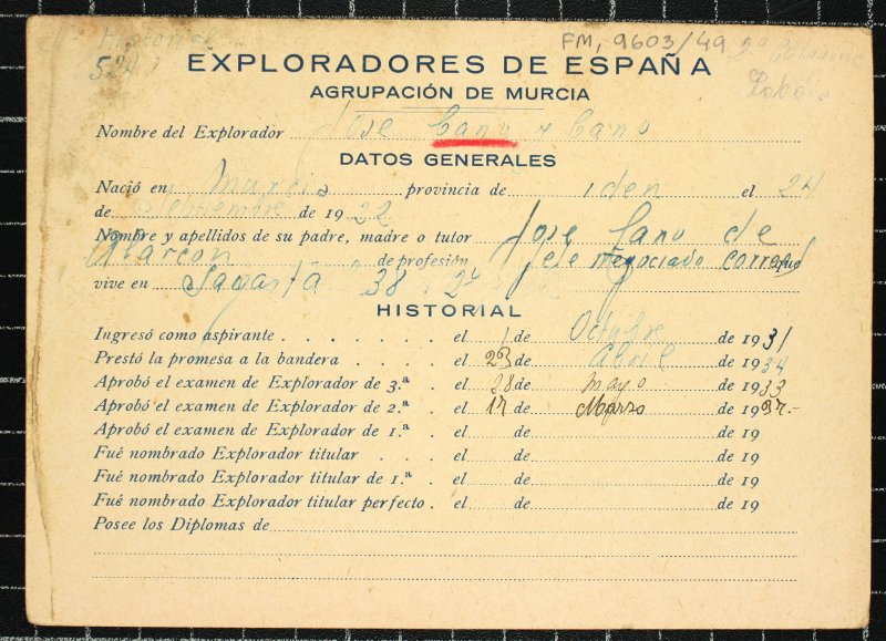 Ficha personal del explorador José Cano Cano