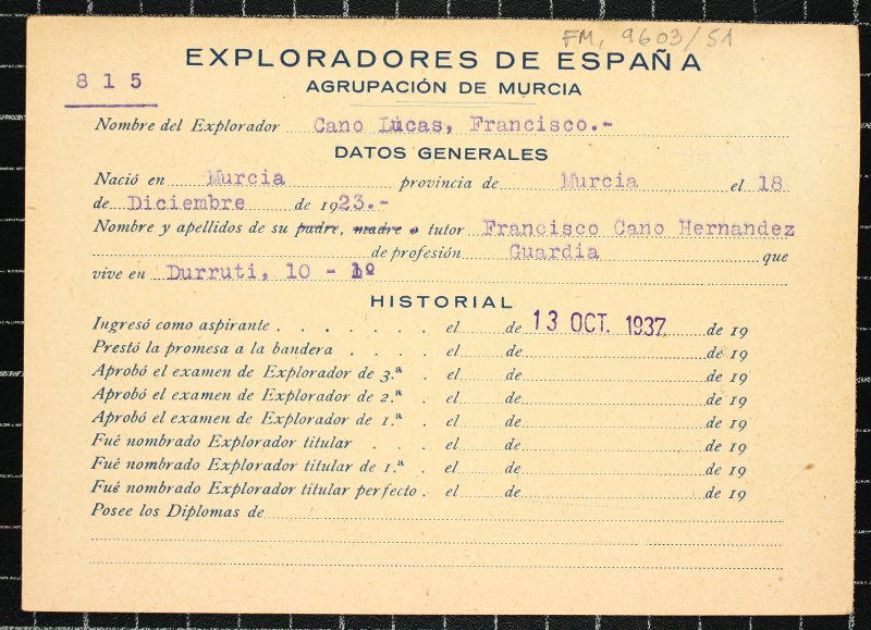 Ficha personal del explorador Francisco Cano Lucas