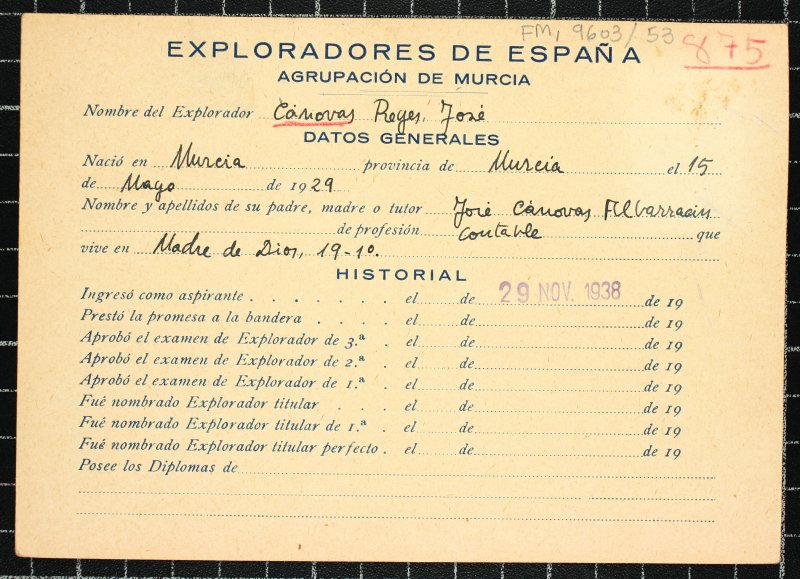 Ficha personal del explorador José Cánovas Reyes