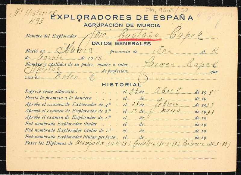 Ficha personal del explorador José Castaño Capel