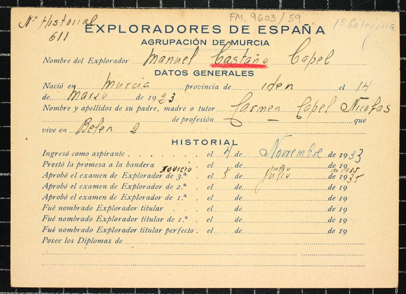 Ficha personal del explorador Manuel Castaño Capel
