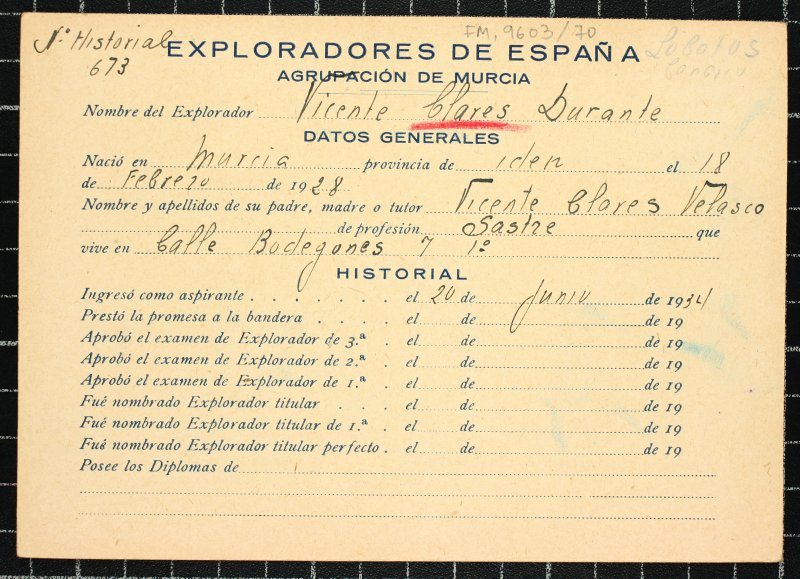 Ficha personal del explorador Vicente Clares Durante